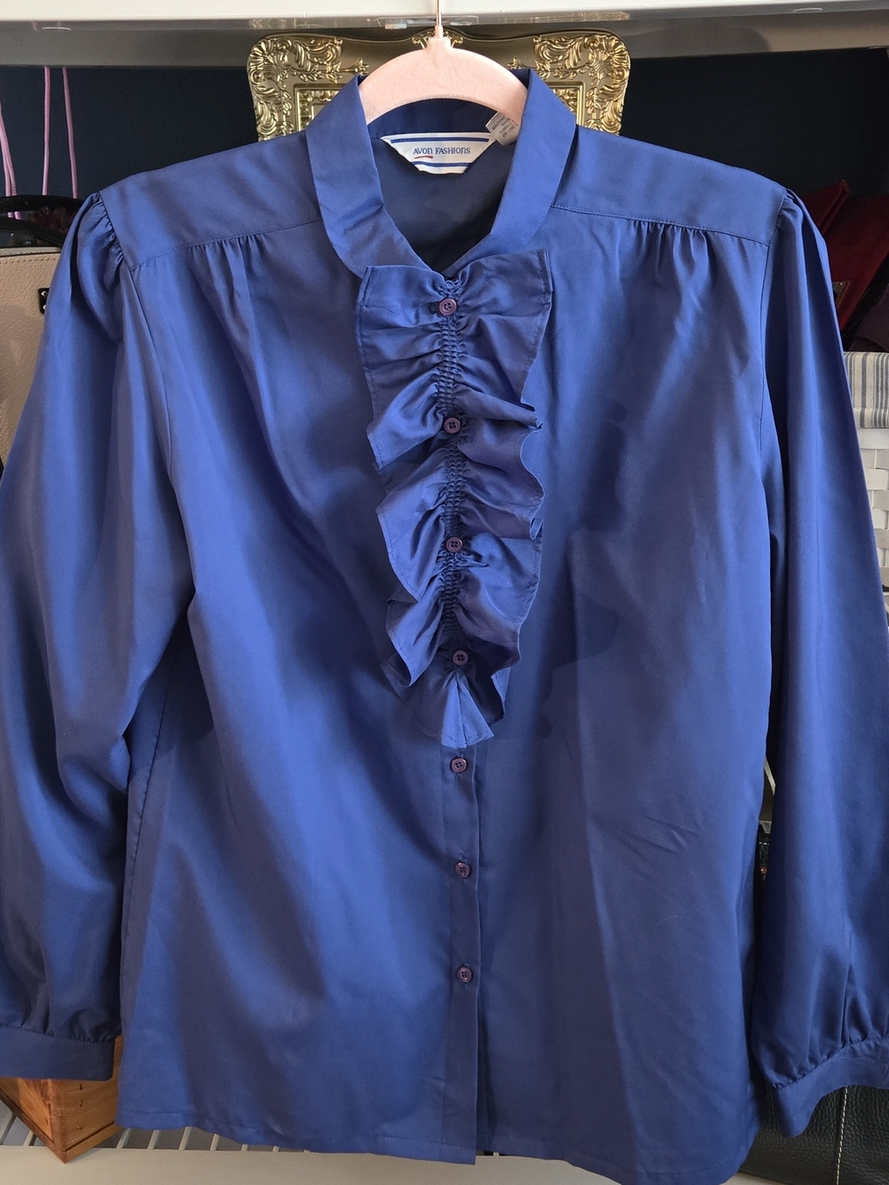 Vintage Avon Cottage Core Blue Ruffle Front Blouse